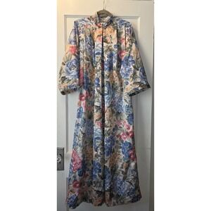 Vintage Ariel Housecoat Long Robe Floral Pink Blue Yellow Cream Zip. Small